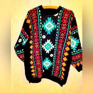 VTG 80s colorful Aztec inspired Southwest sweater approx sz M navy pink abstract